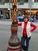 Cynthia & sculpture, outside Town Hall